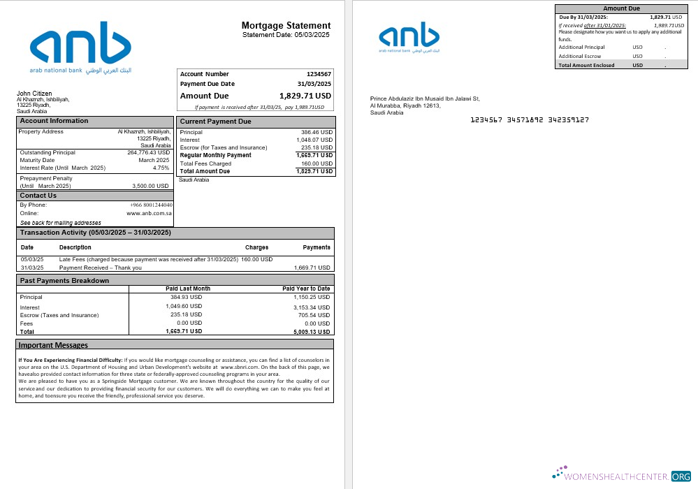 Download Saudi Arabia Arab National Bank ANB mortgage statement in Word and PDF formats Photoshop template